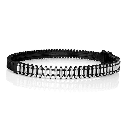 Dominique Cohen diamond icicle bangle in 18k black gold,<br>angled view showing textural solid back + box clasp <span class='visuallyhidden'>Call, text 323-404-2959 for shopping assistance.</span>