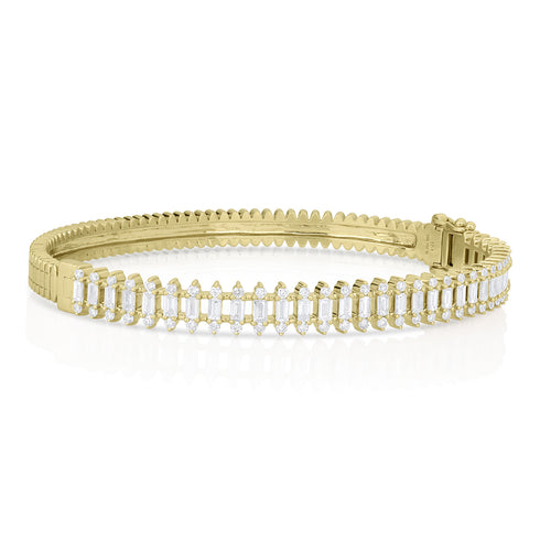 Dominique Cohen diamond icicle bangle in 18k yellow gold,<br>angled view showing textural solid portion + box clasp <span class='visuallyhidden'>Call, text 323-404-2959 for shopping assistance.</span>