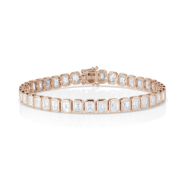 modern rose gold diamond tennis bracelet<br>with north-south rounded rectangle bezel settings <span class='visuallyhidden'>Text, phone 323-404-2959 for shopping assistance.</span>