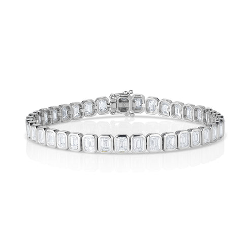 modern white gold diamond tennis bracelet<br>with north-south rounded rectangle bezel settings <span class='visuallyhidden'>Text, phone 323-404-2959 for shopping assistance.</span>