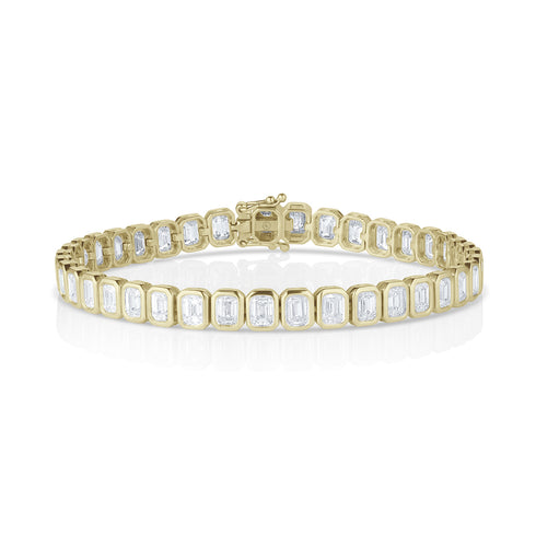 modern yellow gold diamond tennis bracelet<br>with north-south rounded rectangle bezel settings <span class='visuallyhidden'>Text, phone 323-404-2959 for shopping assistance.</span>