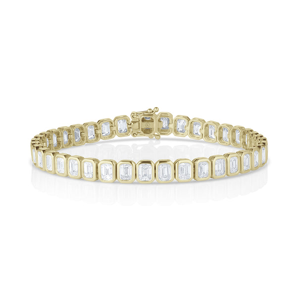 modern yellow gold diamond tennis bracelet<br>with north-south rounded rectangle bezel settings <span class='visuallyhidden'>Text, phone 323-404-2959 for shopping assistance.</span>