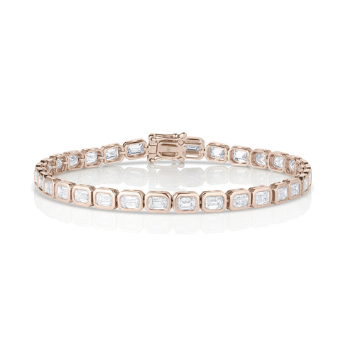 modern rose gold diamond tennis bracelet<br>with east-west horizontal rounded rectangle bezel settings <span class='visuallyhidden'>Text, phone 323-404-2959 for shopping assistance.</span>