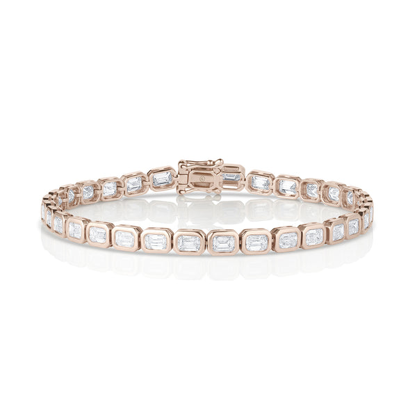 modern rose gold diamond tennis bracelet<br>with east-west horizontal rounded rectangle bezel settings <span class='visuallyhidden'>Text, phone 323-404-2959 for shopping assistance.</span>