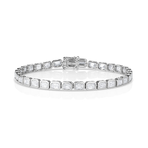 modern white gold diamond tennis bracelet<br>with east-west horizontal rounded rectangle bezel settings <span class='visuallyhidden'>Text, phone 323-404-2959 for shopping assistance.</span>