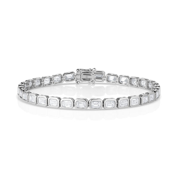 modern white gold diamond tennis bracelet<br>with east-west horizontal rounded rectangle bezel settings <span class='visuallyhidden'>Text, phone 323-404-2959 for shopping assistance.</span>