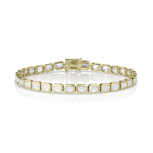 modern yellow gold diamond tennis bracelet<br>with east-west horizontal rounded rectangle bezel settings <span class='visuallyhidden'>Text, phone 323-404-2959 for shopping assistance.</span>
