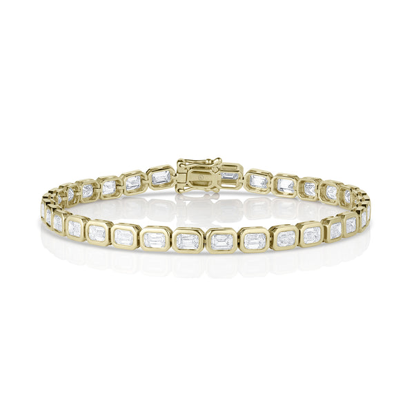 modern yellow gold diamond tennis bracelet<br>with east-west horizontal rounded rectangle bezel settings <span class='visuallyhidden'>Text, phone 323-404-2959 for shopping assistance.</span>