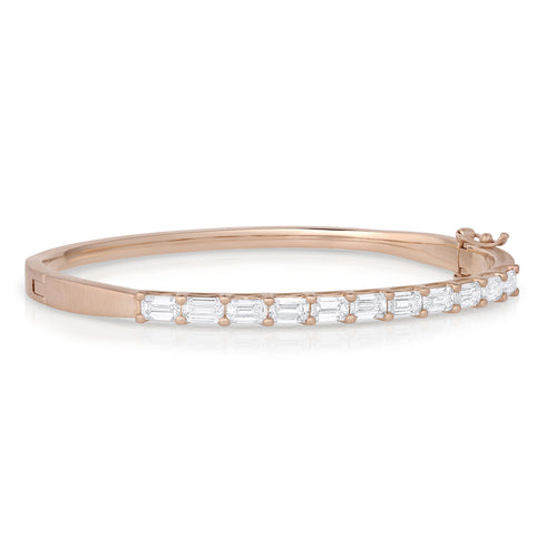 side view, 18k rose gold and emerald cut white diamond custom fitted bangle <span class='visuallyhidden'>Text, phone 323-404-2959 for shopping assistance.</span>