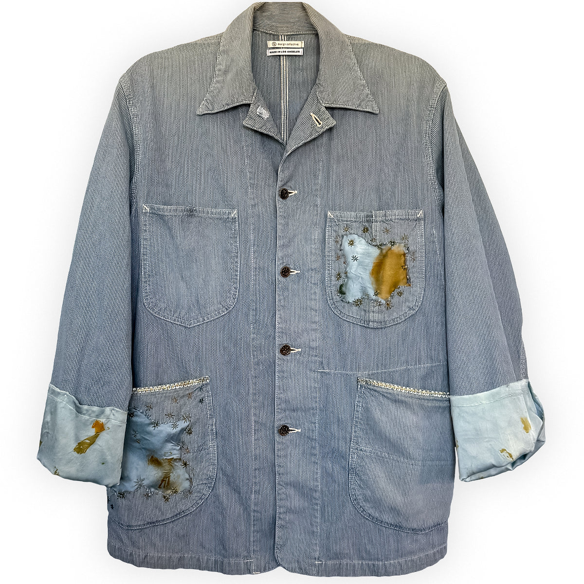 one of a kind herringbone denim hickory chore jacket with silk 