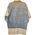 two-tone vintage denim barn coat, with hand-stitched celestial and floral embroidery, from behind<span class='visuallyhidden'>; shop help at 760-978-9297.</span>