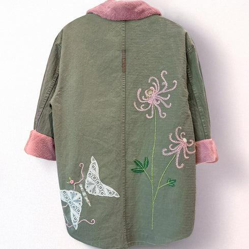 Dominique Cohen designer upstyled vintage army jacket with faux fur trim and beautiful hand-stitched artwork (back)<span class='visuallyhidden'>; shop help at 760-978-9297.</span>