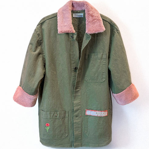 Dominique Cohen designer upstyled vintage army jacket with faux fur trim (front)<span class='visuallyhidden'>; shop help at 760-978-9297.</span>