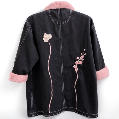 Dominique Cohen vintage black denim chore jacket, updated with hand-stitched artistry + pink faux fur trim<span class='visuallyhidden'>; shop help at 760-978-9297.</span>