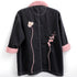 Dominique Cohen vintage black denim chore jacket, updated with hand-stitched artistry + pink faux fur trim<span class='visuallyhidden'>; shop help at 760-978-9297.</span>