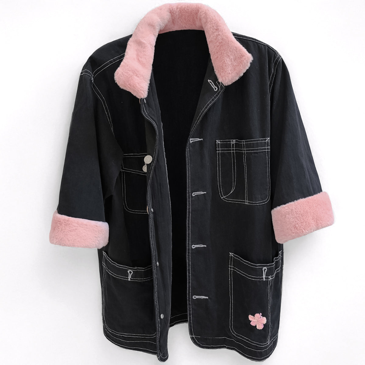 stylish vintage denim chore jacket with hand-stitched floral