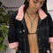 dark denim embroidered chore jacket with pink faux fur trim<br>shop the look > sundial<span class='visuallyhidden'>; shop help at 760-978-9297.</span>