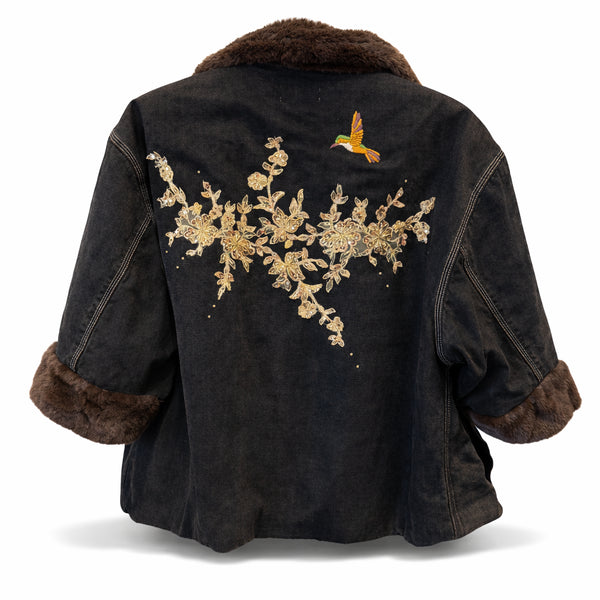 vintage denim trucker jacket,<br>with golden florals + hummingbird embroidery<span class='visuallyhidden'>; shop help at 760-978-9297.</span>