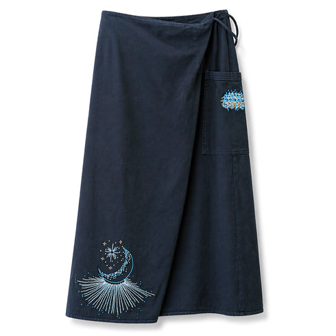 vintage dark denim wrap skirt up-styled (by us!) with sashiko and moonburst motif embroidery<span class='visuallyhidden'>; shop help at 760-978-9297.</span>