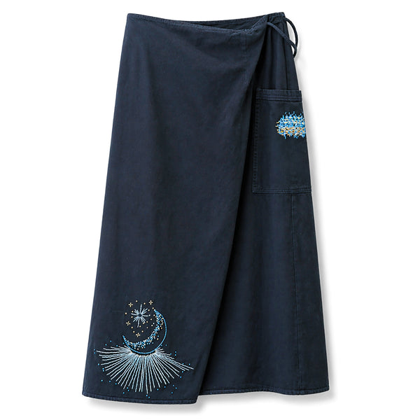 vintage dark denim wrap skirt up-styled (by us!) with sashiko and moonburst motif embroidery<span class='visuallyhidden'>; shop help at 760-978-9297.</span>