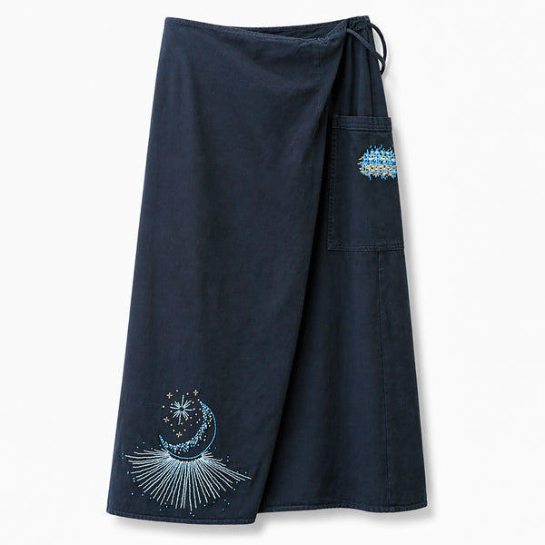 vintage dark denim wrap skirt up-styled (by us!) with sashiko and moonburst motif embroidery<span class='visuallyhidden'>; shop help at 760-978-9297.</span>