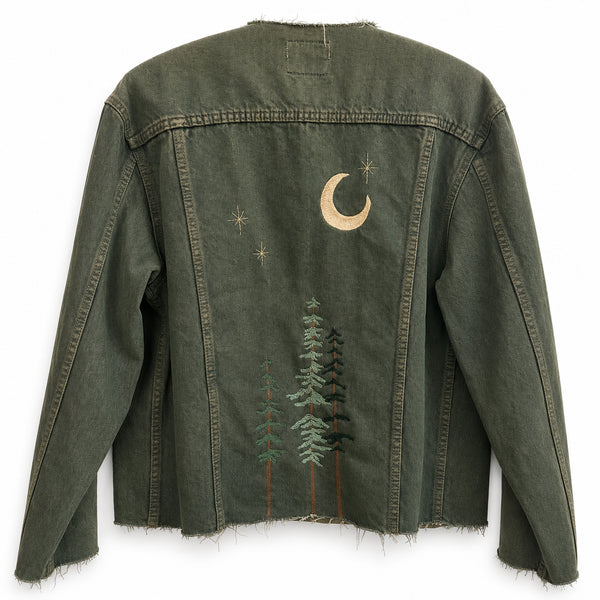 Dominique Cohen vintage denim jacket, updated with hand-stitched redwood trees under a crescent moon + twinkling stars embroidery<span class='visuallyhidden'>; shop help at 760-978-9297.</span>