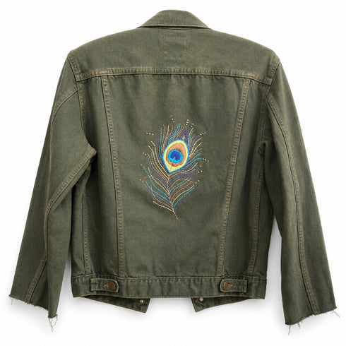 Dominique Cohen vintage denim jacket, updated with hand-stitched peacock feather embroidery<span class='visuallyhidden'>; shop help at 760-978-9297.</span>