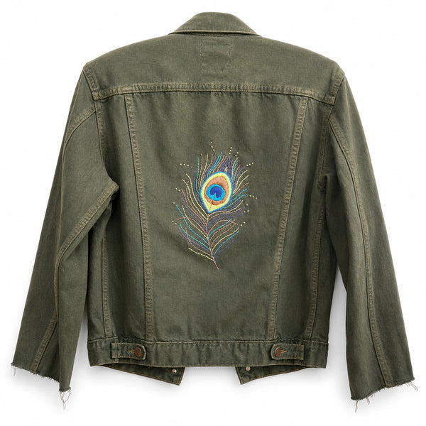 Dominique Cohen vintage denim jacket, updated with hand-stitched peacock feather embroidery<span class='visuallyhidden'>; shop help at 760-978-9297.</span>