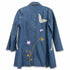 Dominique Cohen vintage denim trench jacket, updated with hand-stitched wildflowers + lace butterfly<span class='visuallyhidden'>; shop help at 760-978-9297.</span>