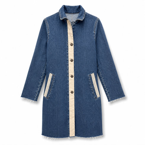 Dominique Cohen vintage denim trench jacket, with vintage buttons + updated with lace trim pockets<span class='visuallyhidden'>; shop help at 760-978-9297.</span>