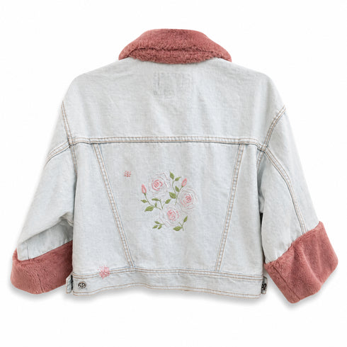 Dominique Cohen vintage denim cropped jacket, updated with hand-stitched embroidered roses<span class='visuallyhidden'>; shop help at 760-978-9297.</span>