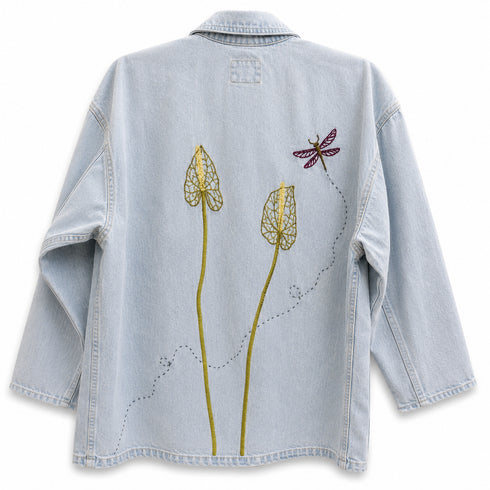 Dominique Cohen vintage denim chore jacket, updated with hand-stitched anthurium flowers + dragonfly<span class='visuallyhidden'>; shop help at 760-978-9297.</span>