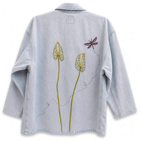 Dominique Cohen vintage denim chore jacket, updated with hand-stitched anthurium flowers + dragonfly<span class='visuallyhidden'>; shop help at 760-978-9297.</span>