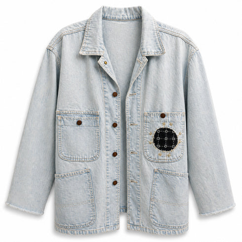 Dominique Cohen denim chore jacket with hand-stitched accents; shop the look > peninsula<span class='visuallyhidden'>; shop help at 760-978-9297.</span>
