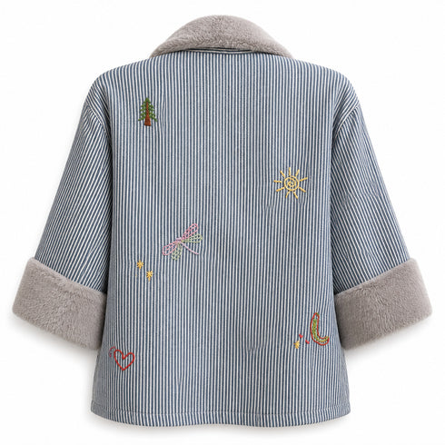 Dominique Cohen denim jacket with California inspired hand-stitched accents, in herringbone<span class='visuallyhidden'>; shop help at 760-978-9297.</span>