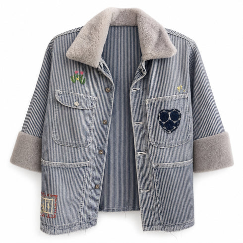 Dominique Cohen denim jacket with California inspired hand-stitched accents + faux fur trim, in herringbone<span class='visuallyhidden'>; shop help at 760-978-9297.</span>