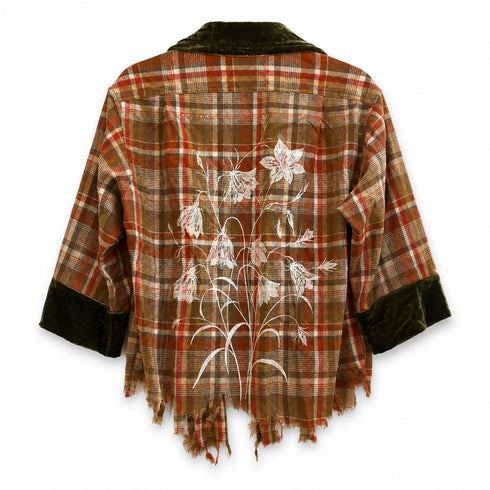 Dominique Cohen limited edition flannel shacket in orange + brown, with floral motif<span class='visuallyhidden'>; shop help at 760-978-9297.</span>