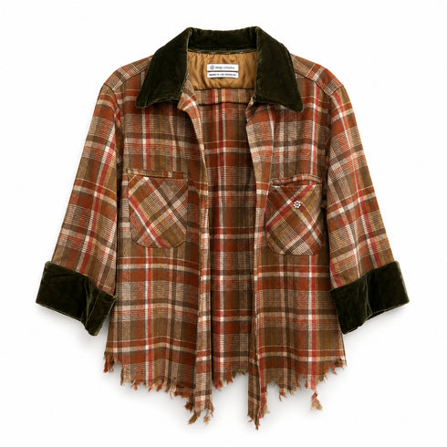 Dominique Cohen limited edition flannel shacket in orange + brown<span class='visuallyhidden'>; shop help at 760-978-9297.</span>