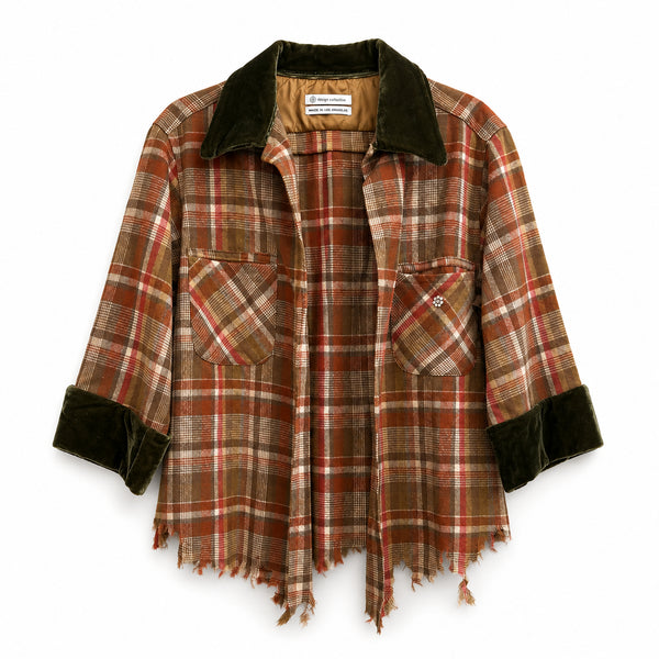 Dominique Cohen limited edition flannel shacket in orange + brown<span class='visuallyhidden'>; shop help at 760-978-9297.</span>