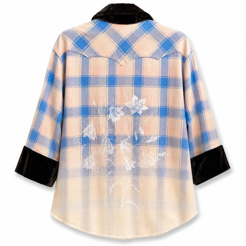 Dominique Cohen limited edition flannel shacket in pink, blue + purple ombre, with floral motif<span class='visuallyhidden'>; shop help at 760-978-9297.</span>