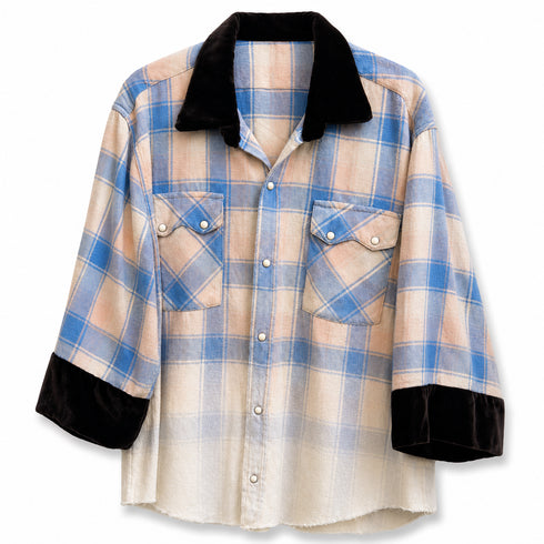 Dominique Cohen limited edition flannel shacket in pink, blue + purple ombre<span class='visuallyhidden'>; shop help at 760-978-9297.</span>