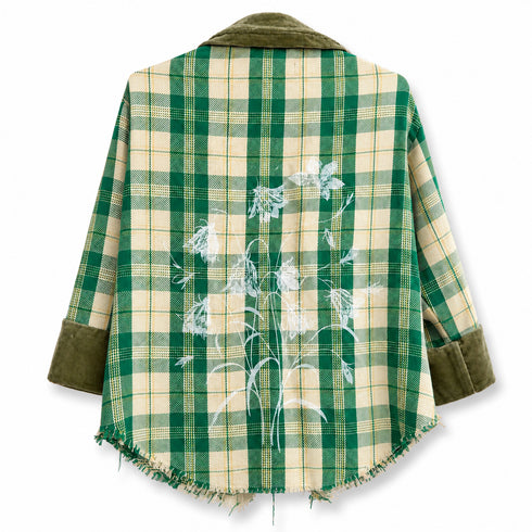 Dominique Cohen limited edition flannel shacket in green + yellow, with floral motif<span class='visuallyhidden'>; shop help at 760-978-9297.</span>