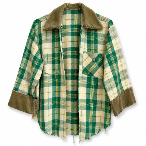 Dominique Cohen limited edition flannel shacket in green + yellow<span class='visuallyhidden'>; shop help at 760-978-9297.</span>