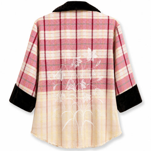 Dominique Cohen limited edition flannel shacket in red + yellow ombre, with floral motif<span class='visuallyhidden'>; shop help at 760-978-9297.</span>