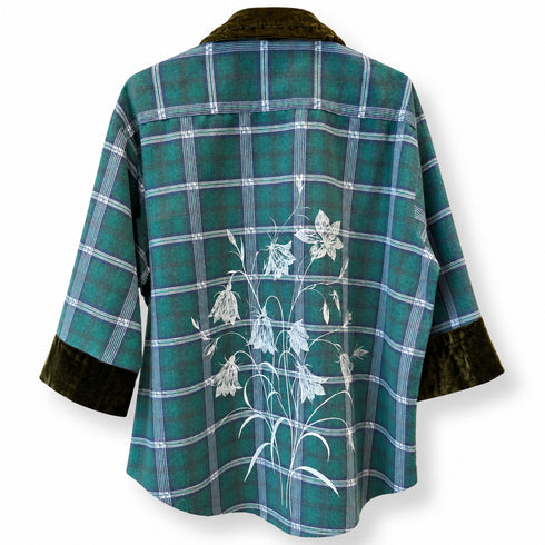 Dominique Cohen limited edition flannel shacket in green + blue, with floral motif<span class='visuallyhidden'>; shop help at 760-978-9297.</span>