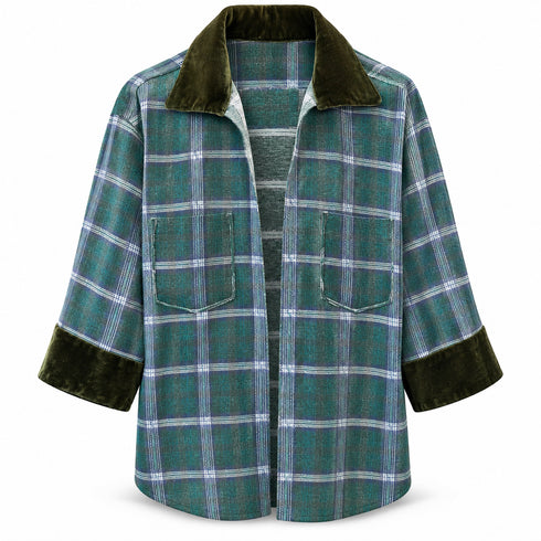 Dominique Cohen limited edition flannel shacket in green + blue<span class='visuallyhidden'>; shop help at 760-978-9297.</span>