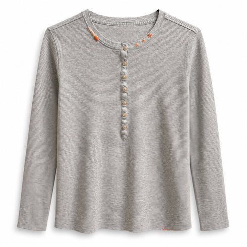 Dominique Cohen limited edition thermal henley in grey with hand-embroidered delicate detailing<span class='visuallyhidden'>; shop help at 760-978-9297.</span>