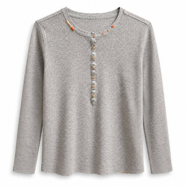 Dominique Cohen limited edition thermal henley in grey with hand-embroidered delicate detailing<span class='visuallyhidden'>; shop help at 760-978-9297.</span>