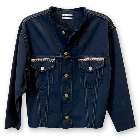 Dominique Cohen vintage denim short jacket, updated with hand-stitched artistry and raw edge trim<span class='visuallyhidden'>; shop help at 760-978-9297.</span>