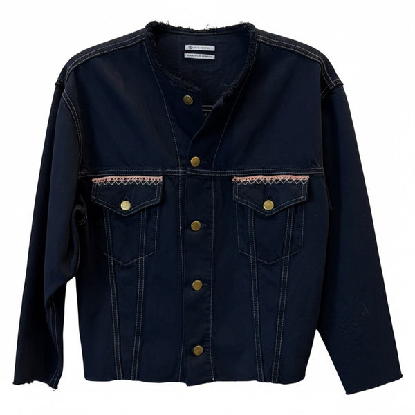 Dominique Cohen vintage denim short jacket, updated with hand-stitched artistry and raw edge trim<span class='visuallyhidden'>; shop help at 760-978-9297.</span>